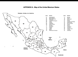 [ai] A black and white map of Mexico displaying its states, labeled with numbers and names. Surrounding countries and oceans are indicated, including the Gulf of Mexico, the Pacific Ocean, Guatemala, and Belize.